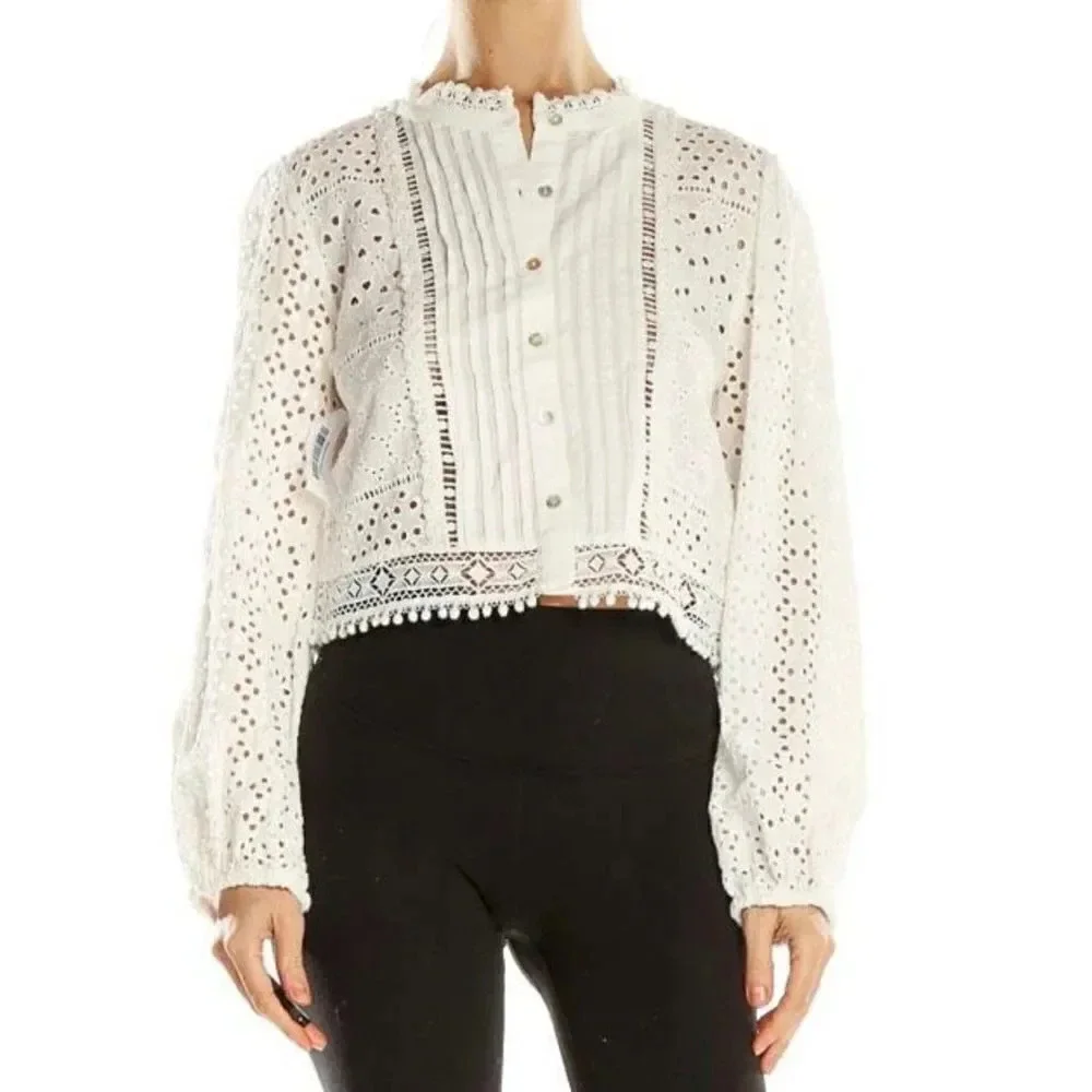ZARA | White Lace Eyelet Button Up Balloon Sleeve‎ Blouse | Size Large